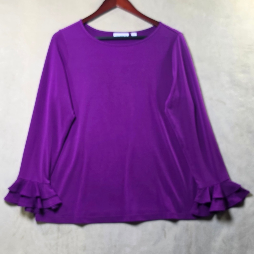 Susan Graver Liquid Knit Purple Ruffle Cuff Top A235619 Blouse Medium